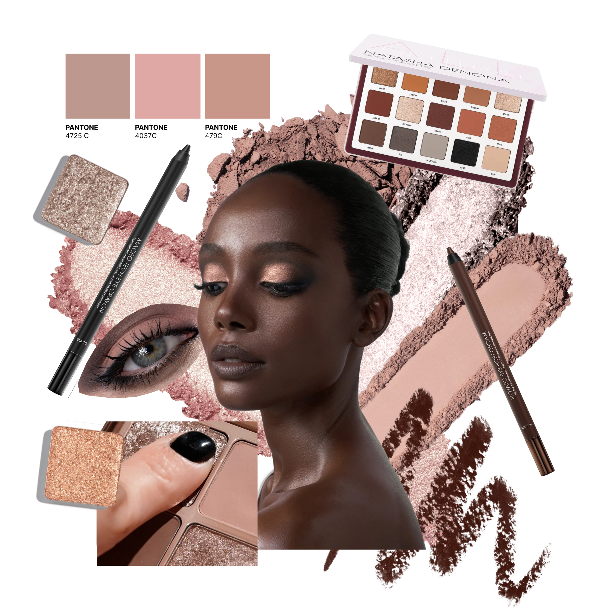 תמונת השראה הכוללת את מוצרי האיפור של נטאשה דנונה: פלטת הצלליות Biba, עיפרון העיניים Macro Tech, וסווטצ'ים בגוונים שונים לצד תמונת דוגמנית.