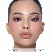 השוואת "חצי-פנים" עם פלטת Luxe Glam Compact בגוון 'Nude': משמאל – מראה יום במאט רך, ומימין – מראה ערב מנצנץ בפורמולת ה-Sparkling Foiled.