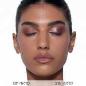השוואת "חצי-פנים" עם פלטת Luxe Glam Compact בגוון 'Rosy': משמאל – מראה יום במאט רך, ומימין – מראה ערב מנצנץ בפורמולת ה-Sparkling Foiled.