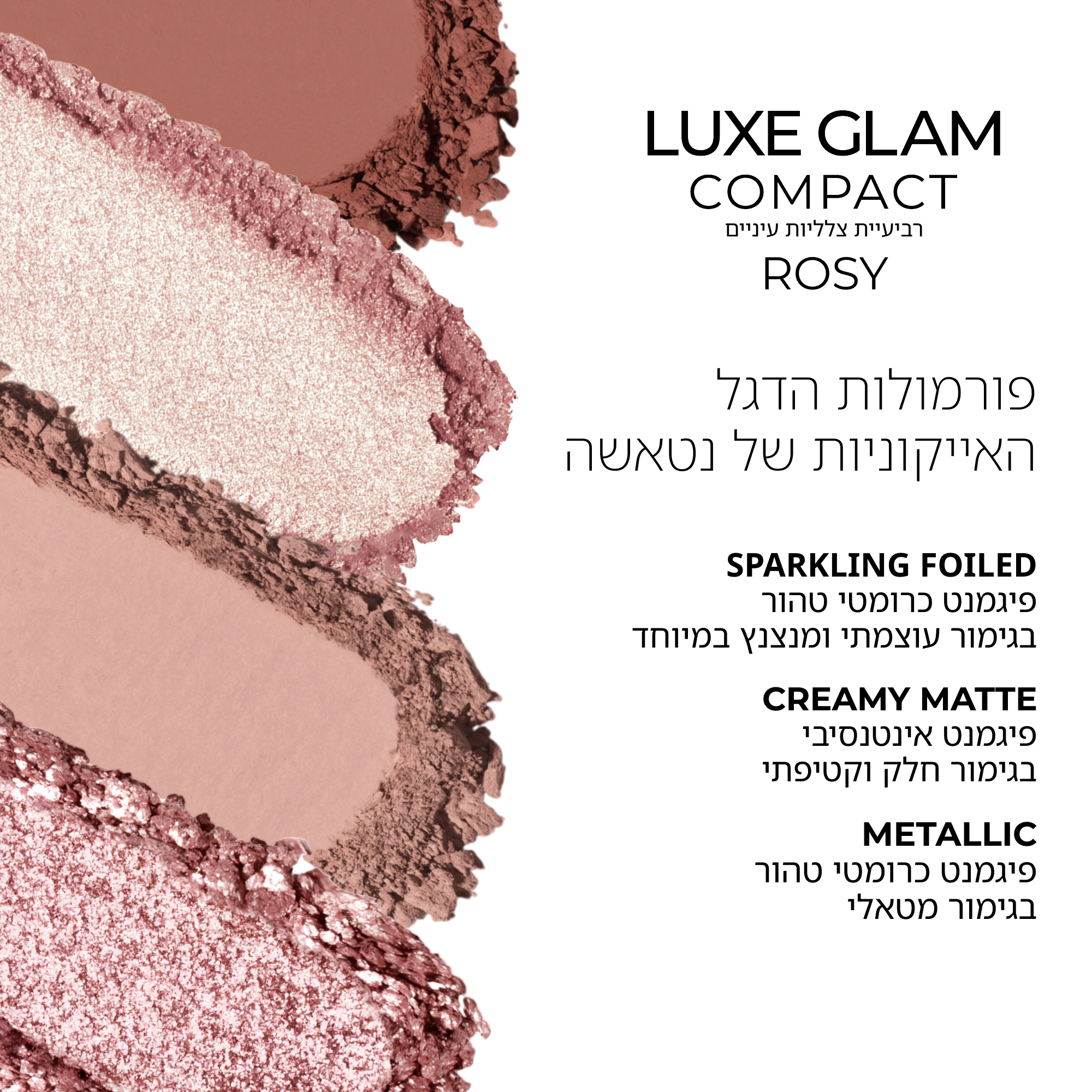 תמונת סווטצ'ים של Luxe Glam Compact בגוון 'Rosy', הכוללת פירוט על פורמולות הדגל העוצמתיות של נטאשה דנונה, המעניקות תוצאות מקצועיות – Sparkling Foiled, Creamy Matte ו-Metallic.